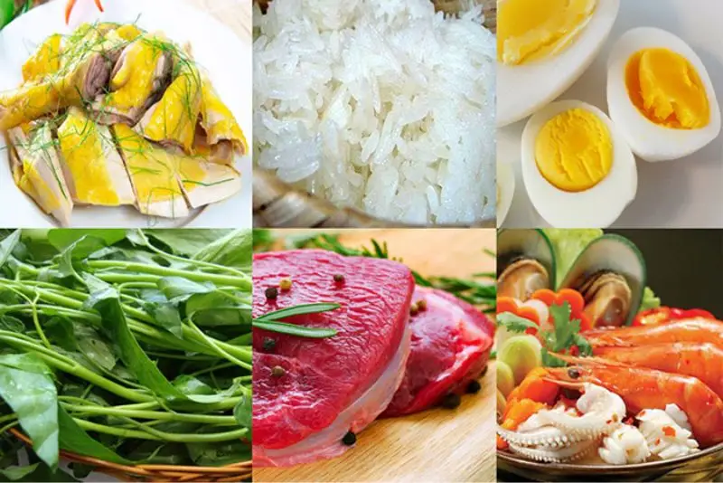 Foods like water spinach, chicken, and beef should be avoided