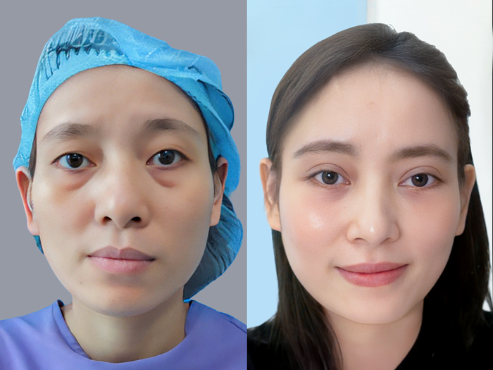 Before-and-after appearance following eye-area fat grafting combined with eyelid surgery at a reputable facility.