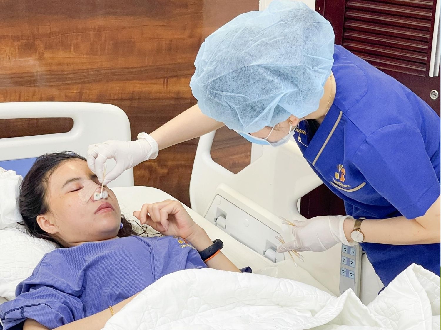 The splint helps protect the reconstructed nasal framework during early recovery.