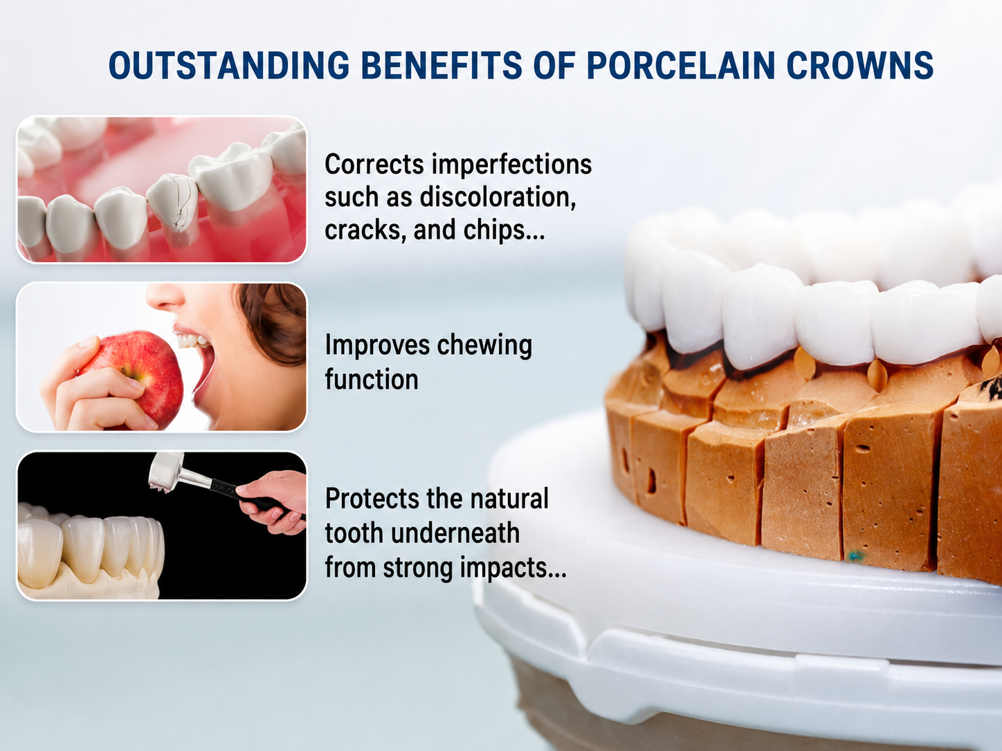Porcelain crowns help correct discoloration, cracks, and fractures.