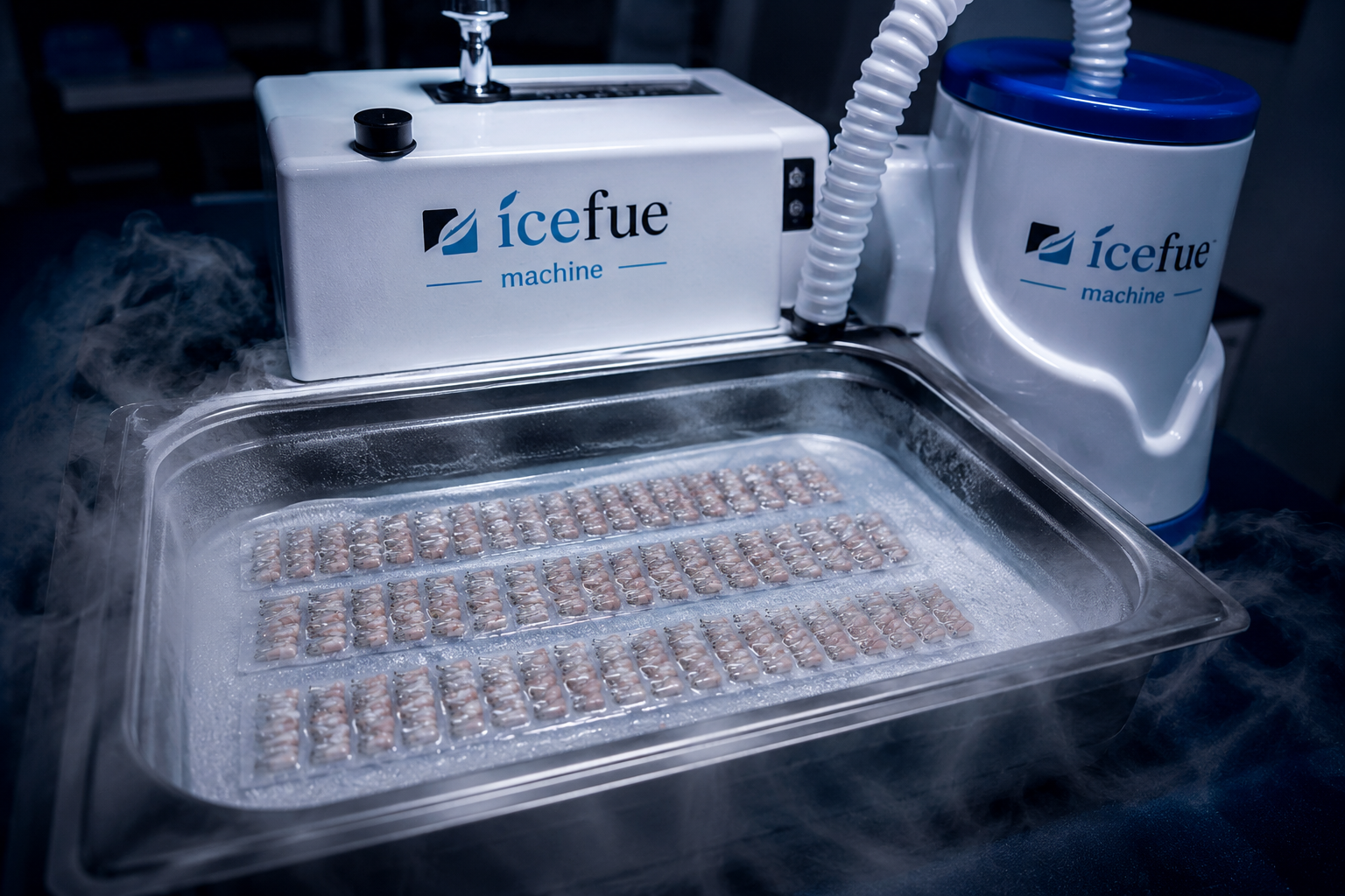 The ICEFUE system helps maintain a low-temperature environment to preserve extracted hair follicles before they are transplanted into areas requiring hair restoration.