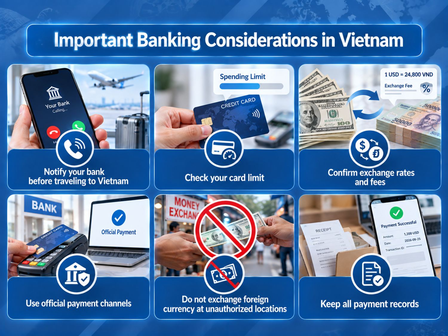 Before traveling to Vietnam, international clients should check card limits, exchange rates and fees, use official payment channels, and keep all payment records.