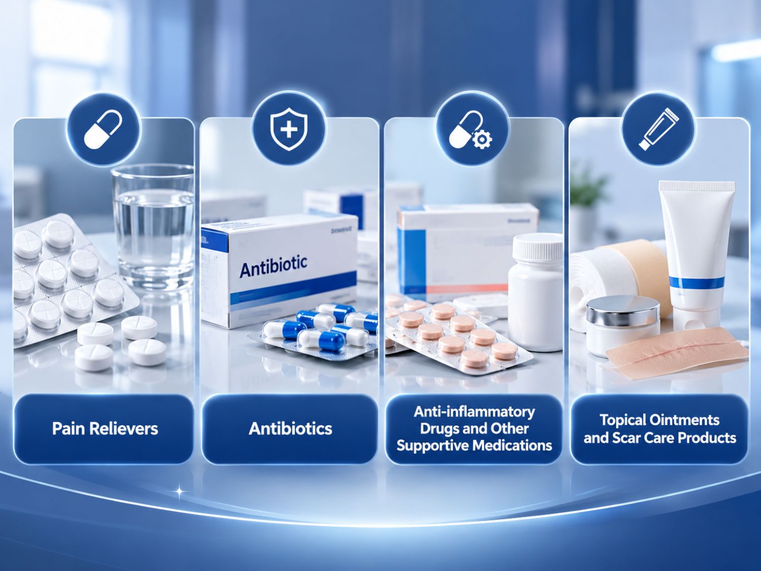 After cosmetic surgery, surgeons may prescribe pain relievers, antibiotics, anti-inflammatory medications, or topical wound and scar care products depending on each patient's condition.
