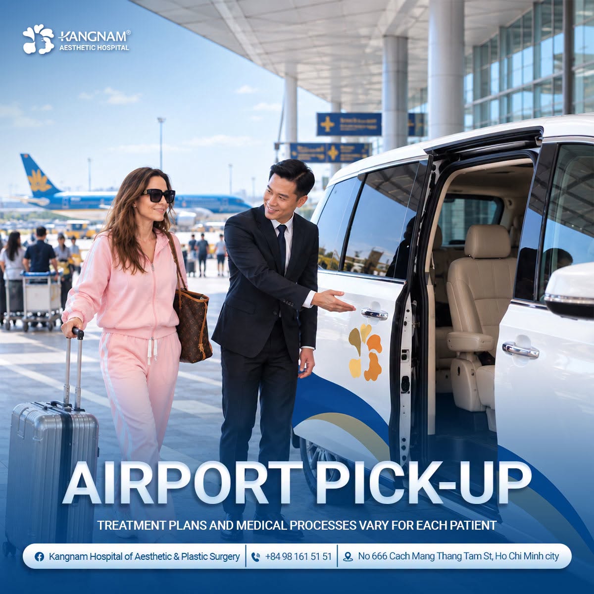 Airport pick-up support helps international patients travel more conveniently upon arrival in Vietnam for cosmetic surgery.