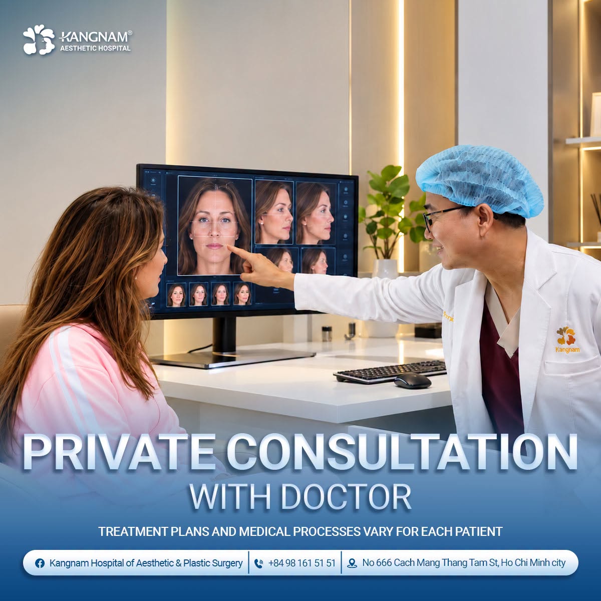 A private consultation allows the surgeon to assess facial features, discuss the patient’s goals, and recommend a personalized cosmetic surgery plan.