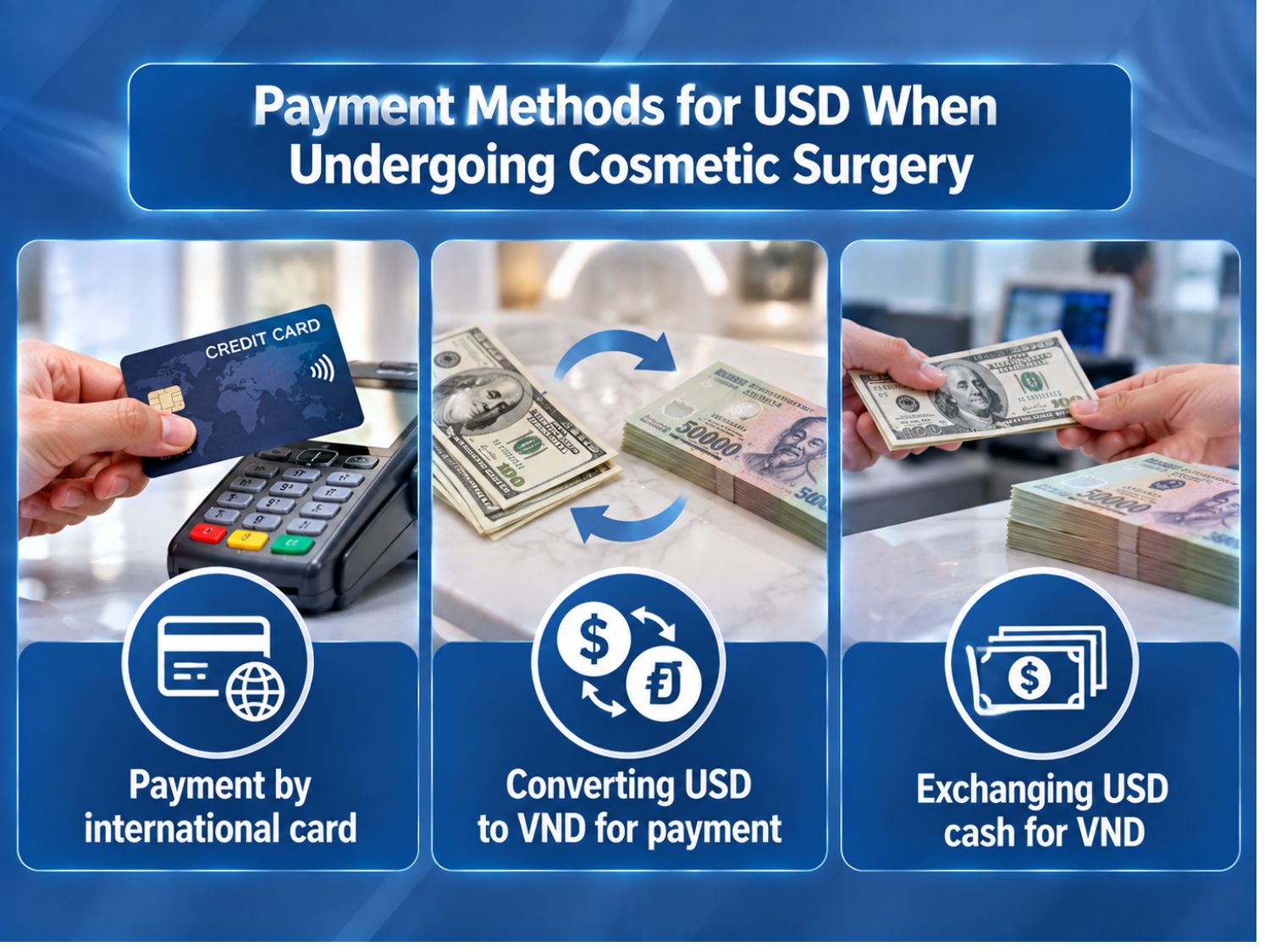 International clients can pay for cosmetic surgery using an international card or convert USD to VND through an accepted payment method.