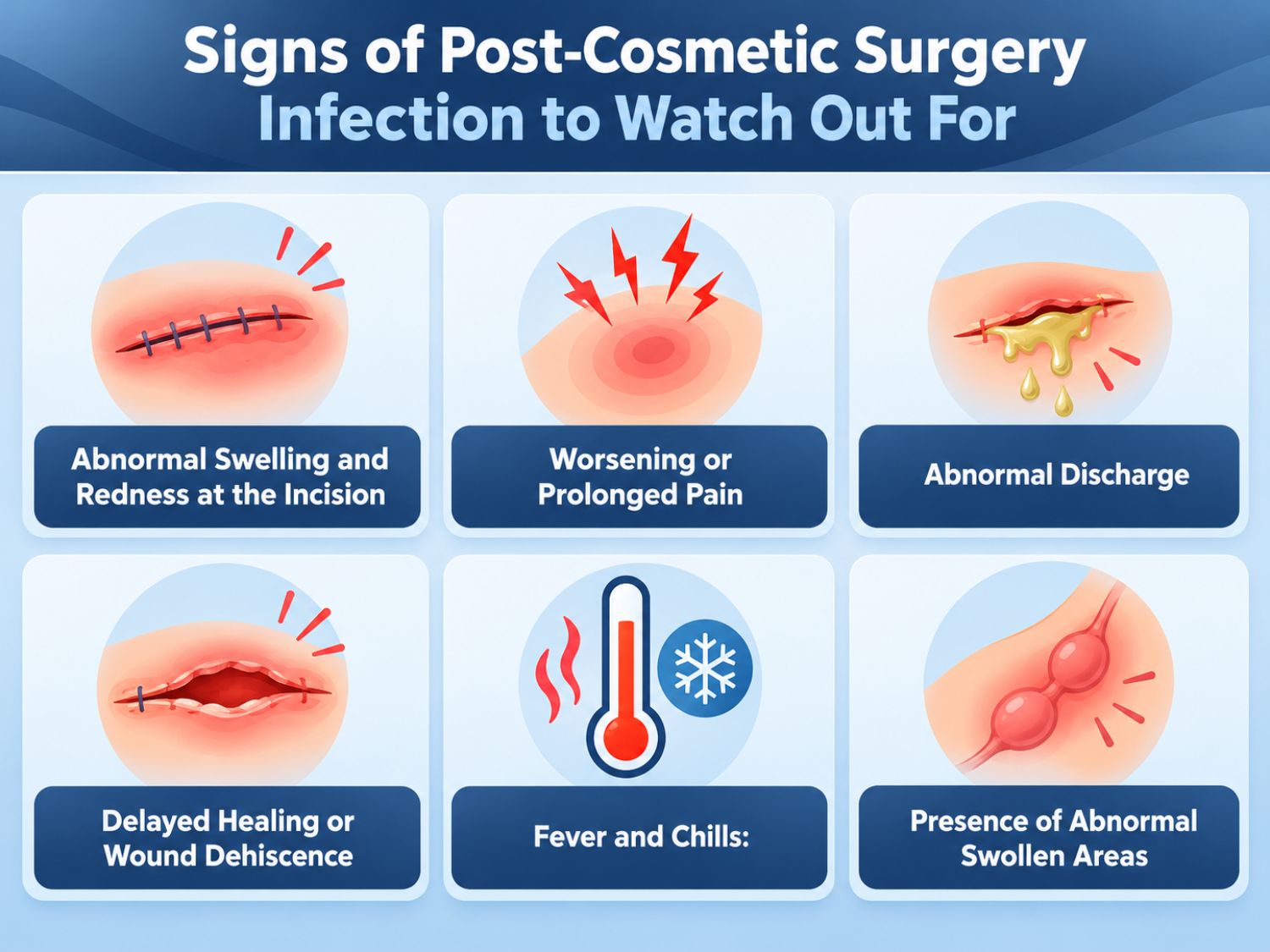 After cosmetic surgery, patients should watch for increasing redness or swelling, worsening or persistent pain, unusual wound discharge, delayed healing, wound reopening, fever, chills, or abnormal lumps near the surgical site. These symptoms may indicate infection or other post-operative complications and require prompt medical evaluation.