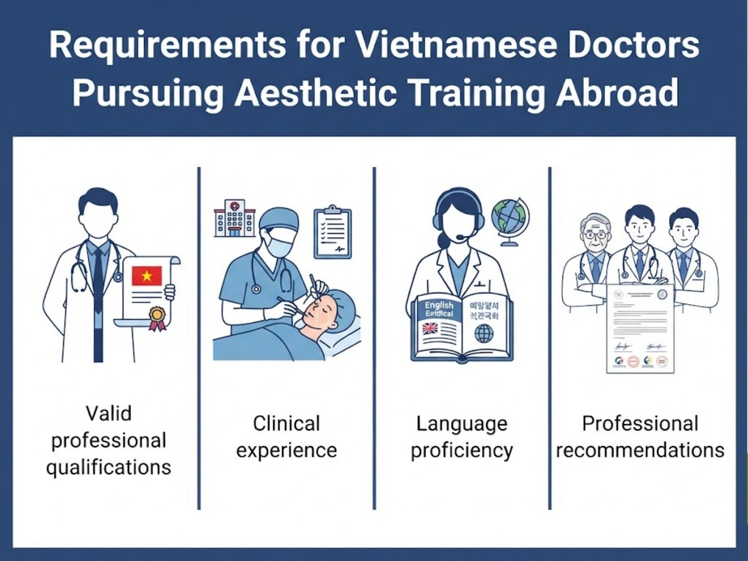 Vietnamese doctors seeking professional training in plastic and aesthetic surgery in South Korea or the United States may need to meet requirements related to medical qualifications, clinical experience, and language proficiency