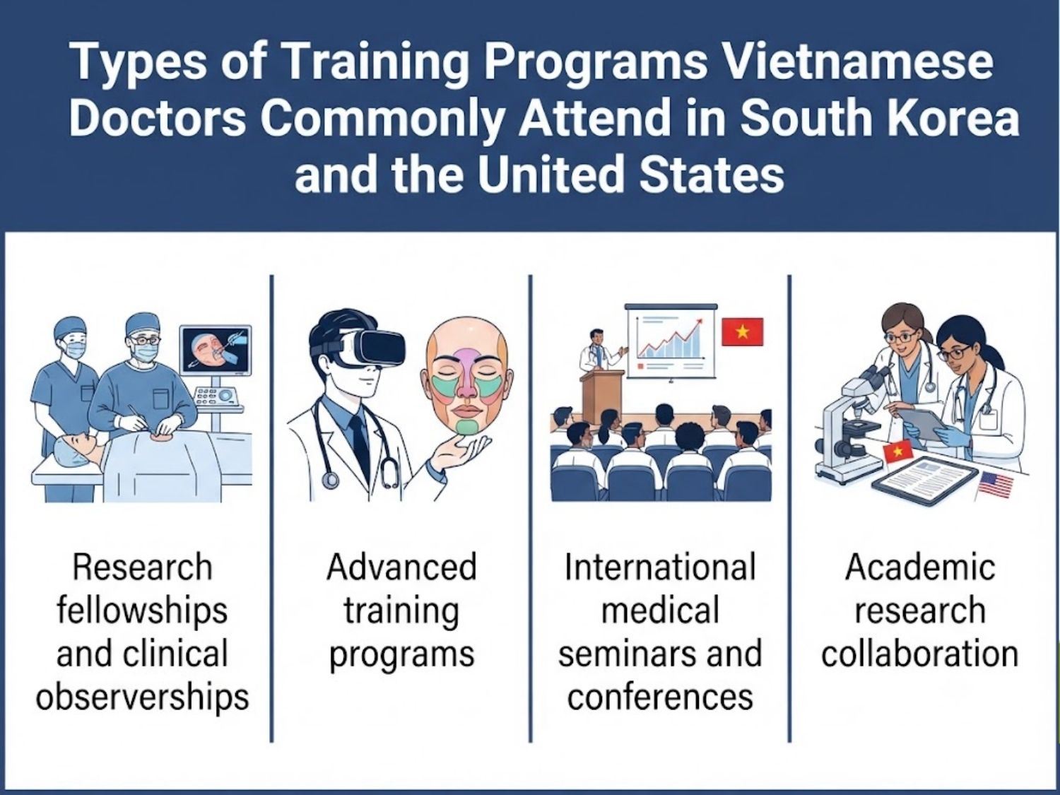 Vietnamese aesthetic doctors may enhance their professional skills through various forms of training in South Korea and the United States, ranging from short-term observerships to specialized research and advanced professional programs