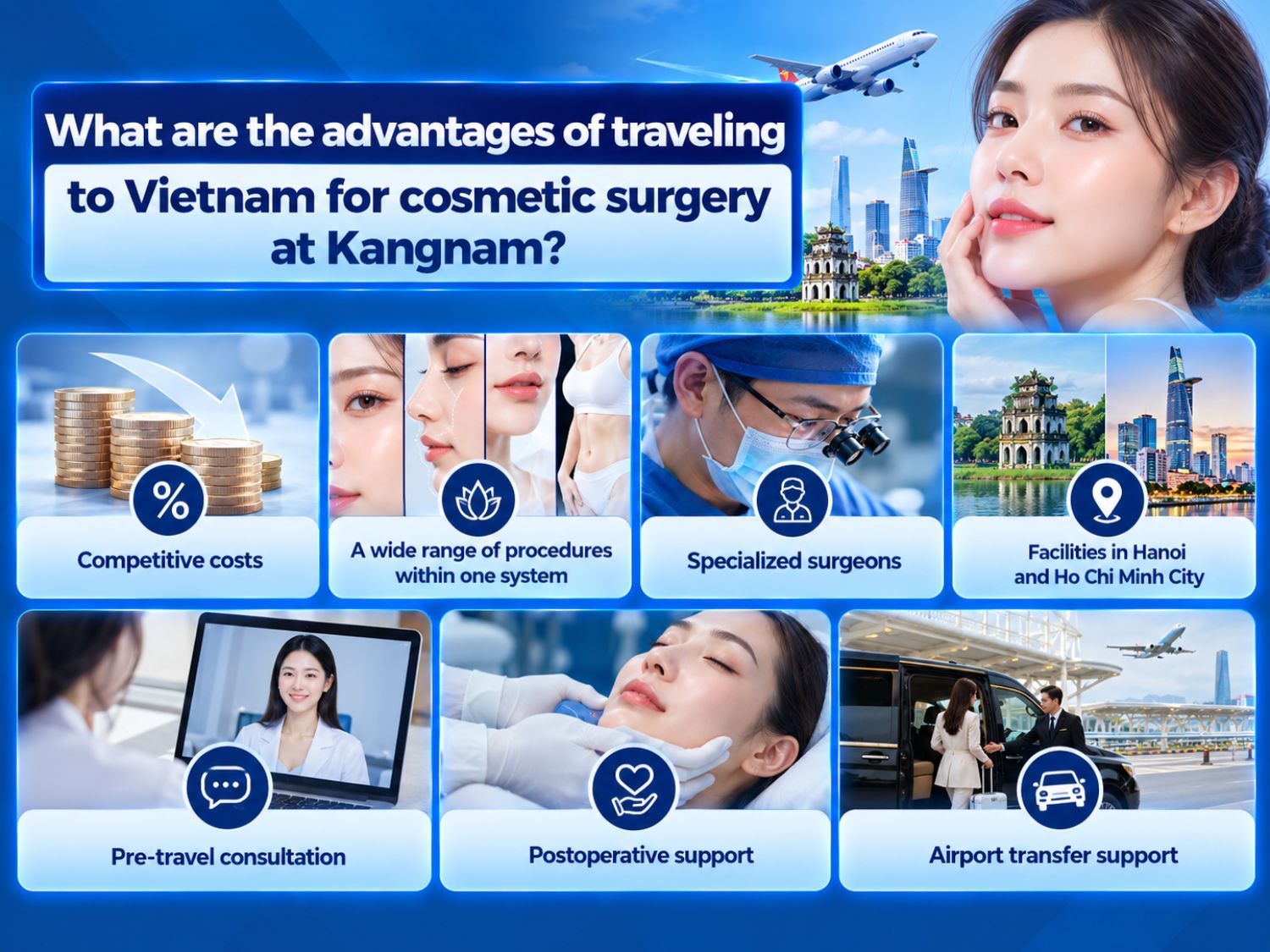 Kangnam offers competitive costs, a wide range of cosmetic procedures, specialized surgeons, facilities in Hanoi and Ho Chi Minh City, pre-travel consultation, postoperative care, and airport transfer support.