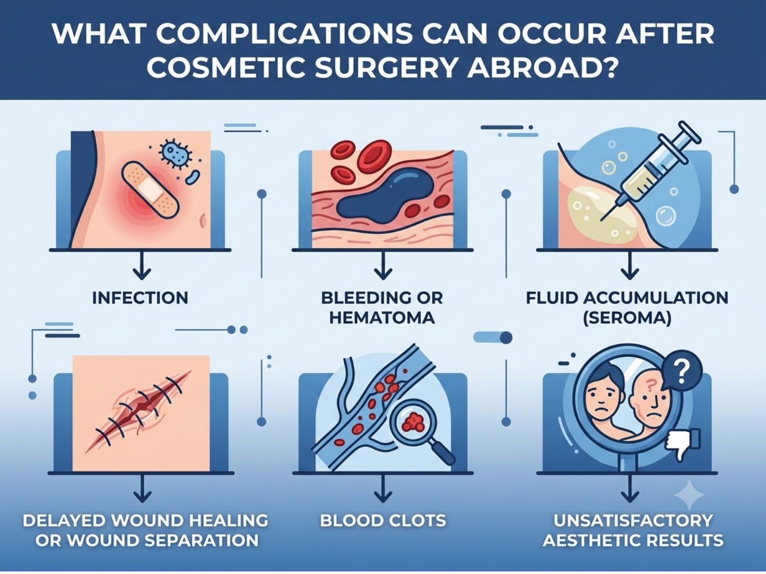 Common complications after cosmetic surgery abroad: infection, bleeding, seroma, delayed healing, blood clots, and unsatisfactory aesthetic results.