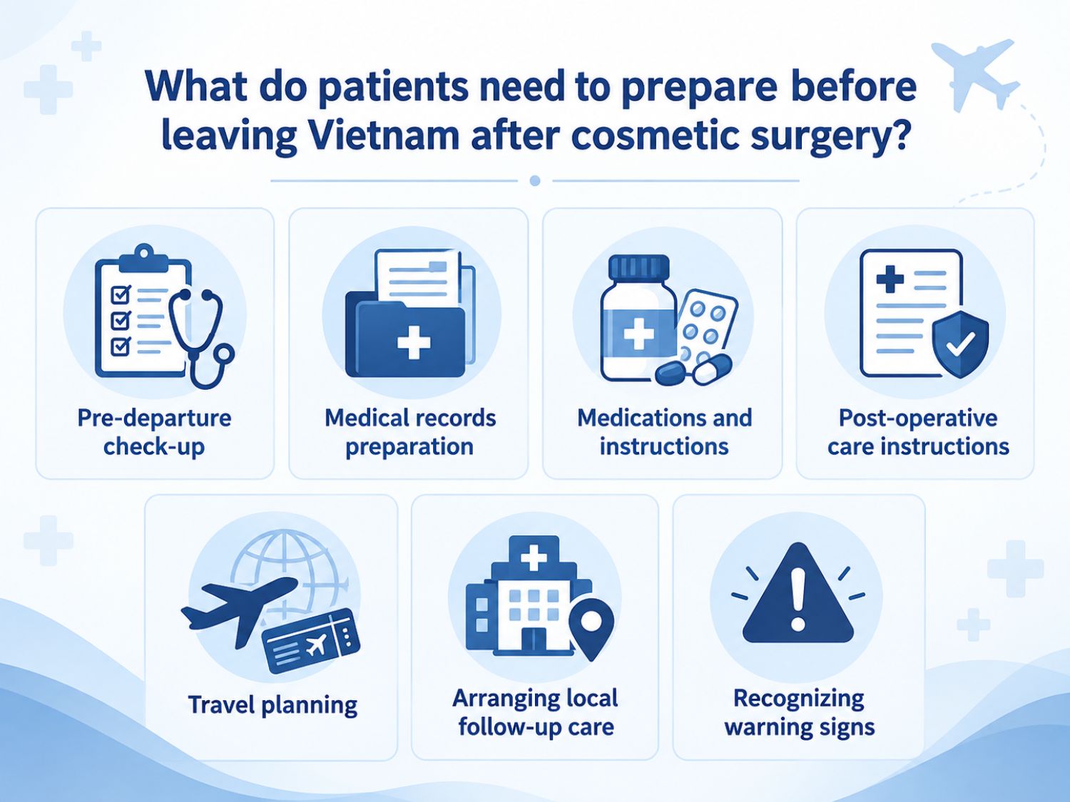 Before leaving Vietnam after cosmetic surgery, patients should undergo a pre-departure medical check-up, prepare their medical records, prescriptions, and post-operative care instructions. They should also obtain medical clearance for travel, arrange follow-up care in their home country, and understand the warning signs of potential complications.
