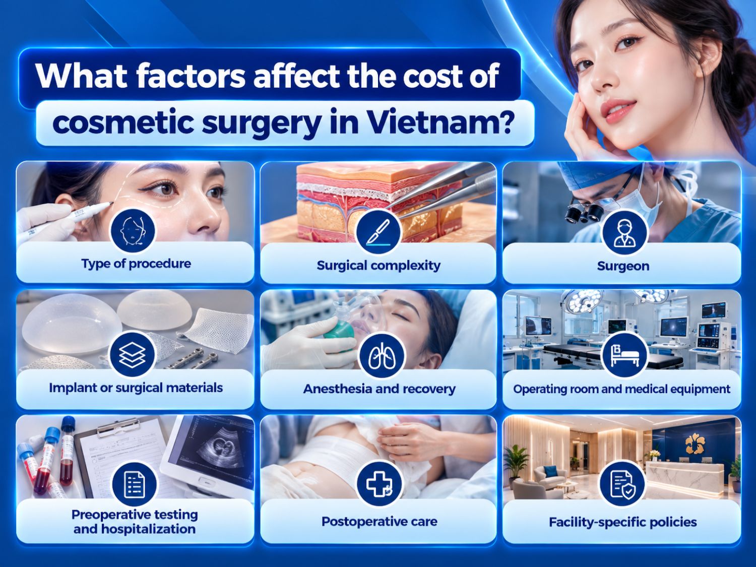 Cosmetic surgery costs may vary depending on the procedure type, complexity, surgeon, materials, anesthesia, operating room, preoperative testing, hospitalization, postoperative care, and facility policies.