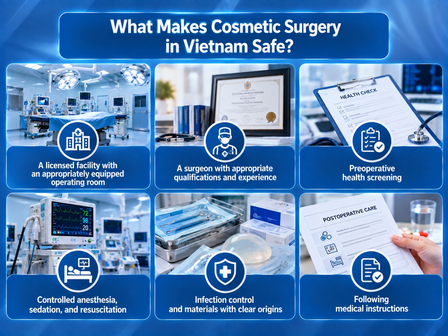 Cosmetic surgery safety depends on a licensed facility, qualified surgeon, preoperative health screening, controlled anesthesia and resuscitation, infection control, traceable materials, and following medical instructions.