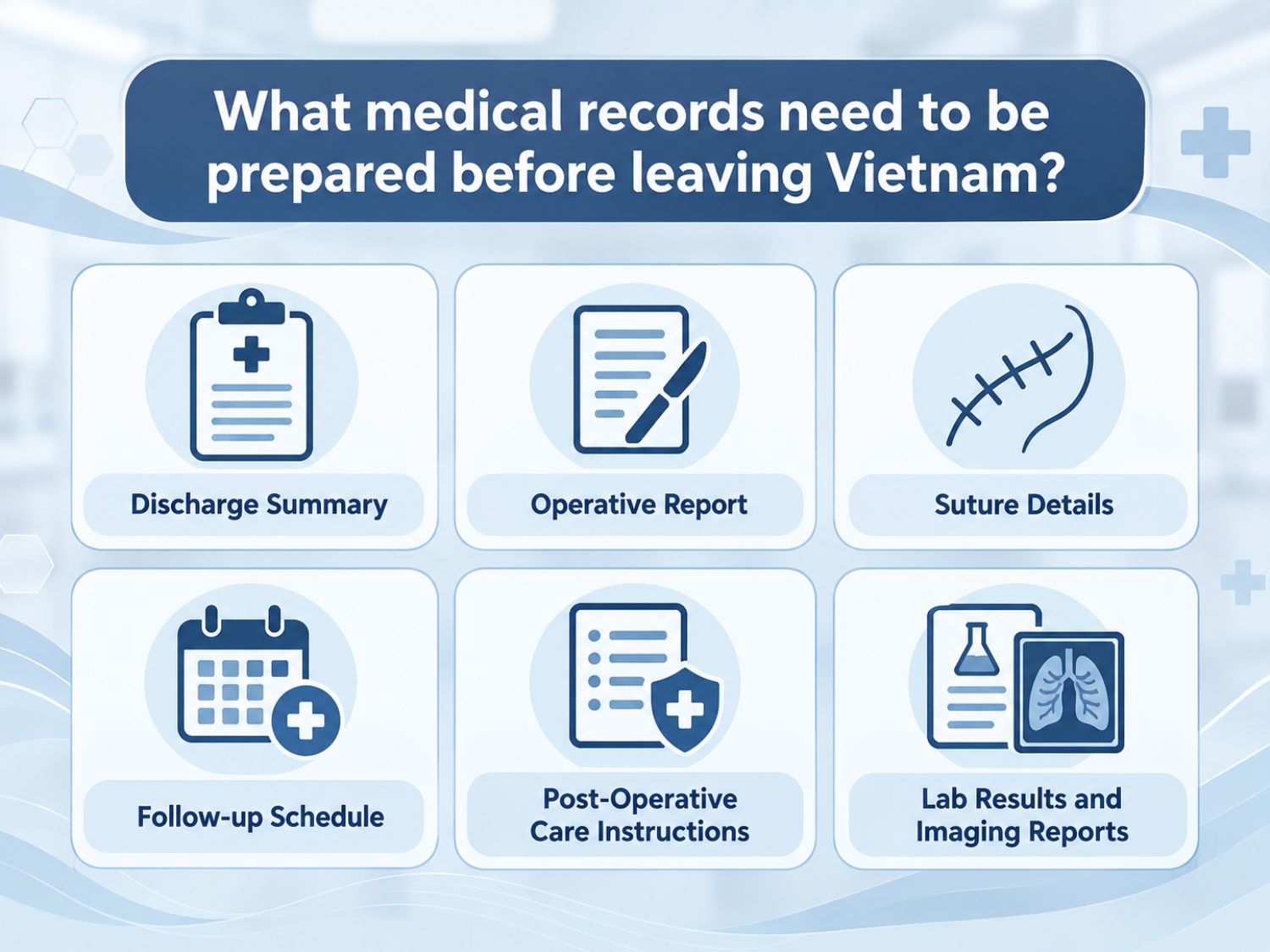 Before returning home after cosmetic surgery in Vietnam, patients should obtain their discharge summary, operative report, suture details, follow-up schedule, and post-operative care instructions. Relevant laboratory and imaging reports should also be kept to help healthcare providers in their home country monitor recovery and manage any potential complications.