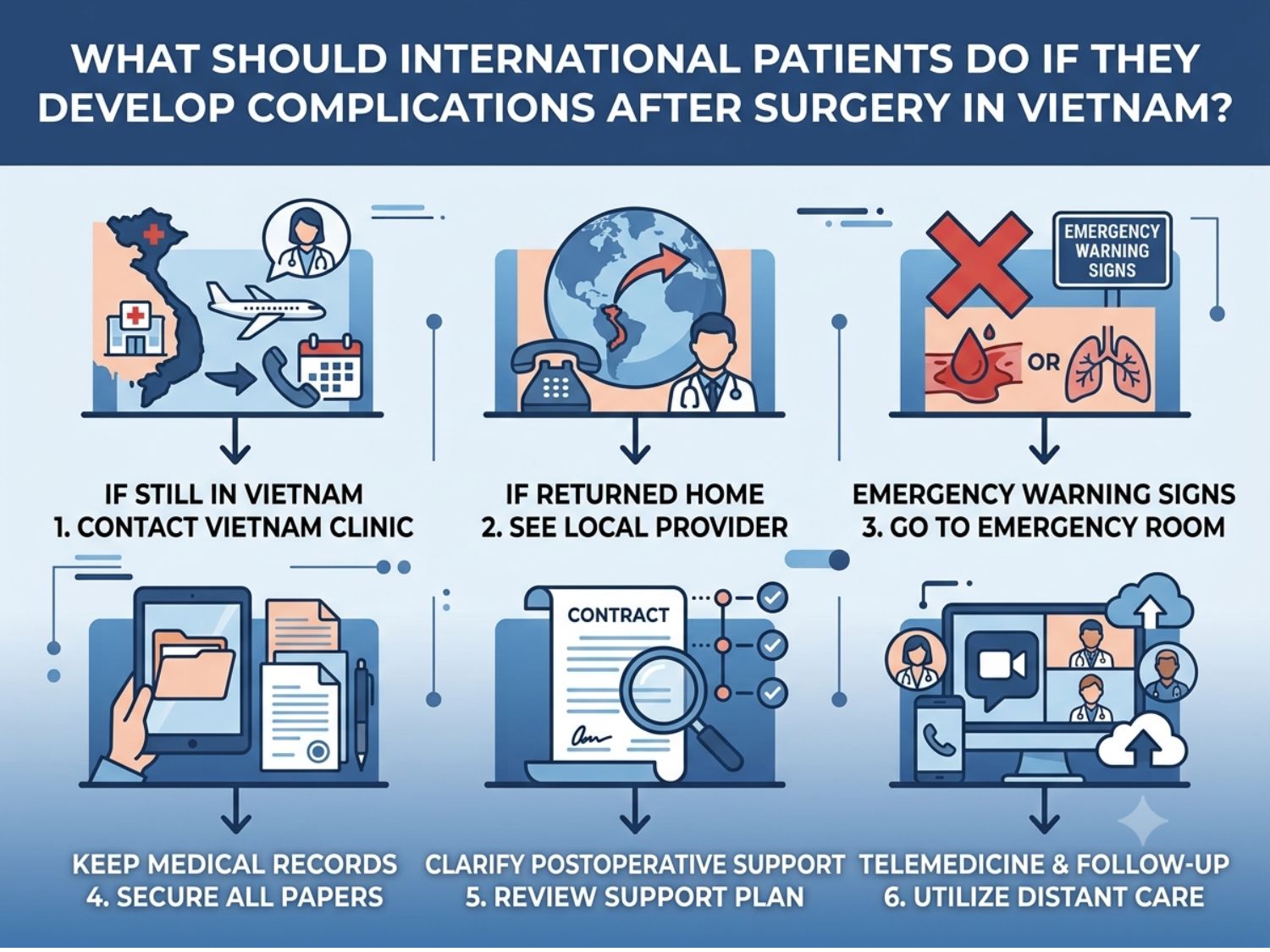 Step-by-step guidance for international patients on handling post-operative complications in Vietnam or after returning home.