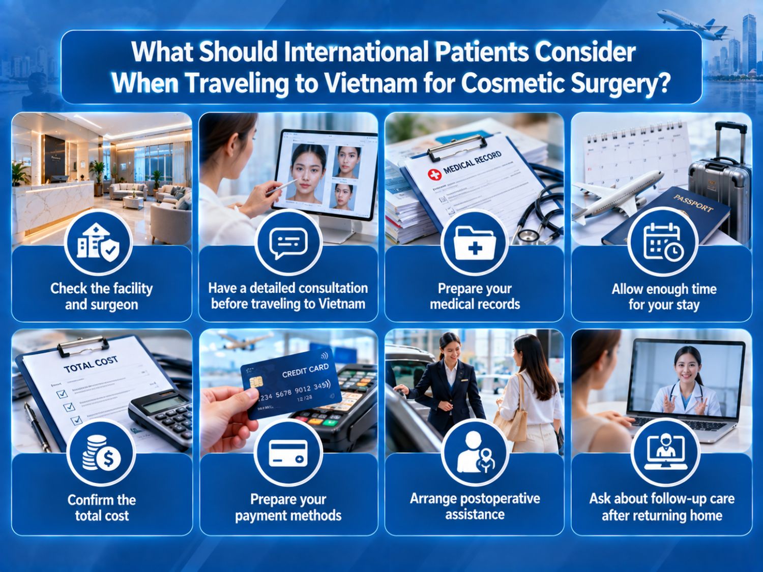 International patients should verify the facility and surgeon, consult before traveling, prepare medical records, plan enough recovery time, confirm costs and payment methods, arrange postoperative assistance, and discuss follow-up care after returning home.