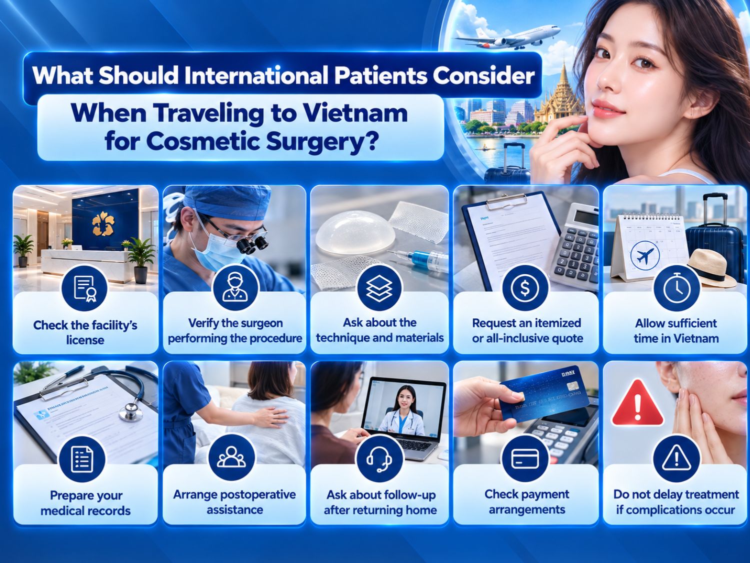International patients should verify the facility and surgeon, review techniques and materials, confirm costs and payment, prepare medical records, allow sufficient recovery time, arrange postoperative support, and plan follow-up care before traveling home.